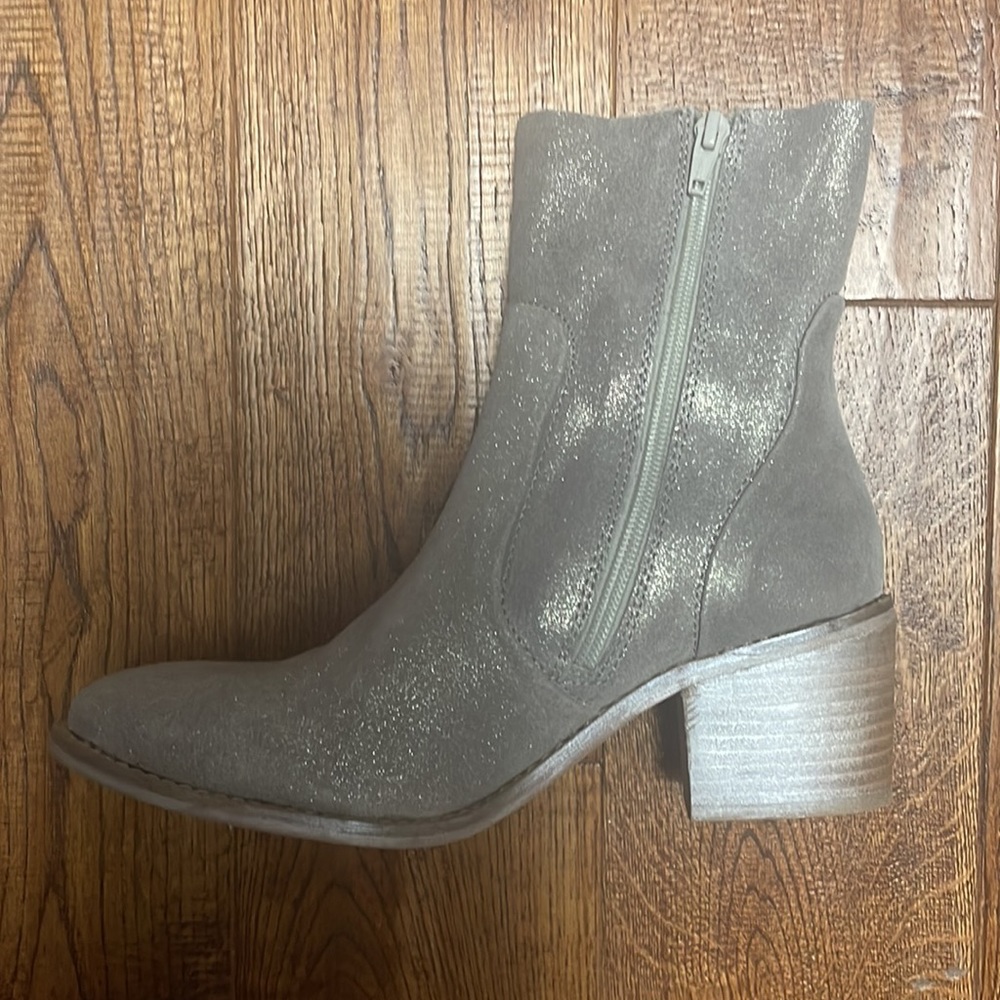 Women’s Taupe Sparkle Ankle Booties - Suede Block Heel